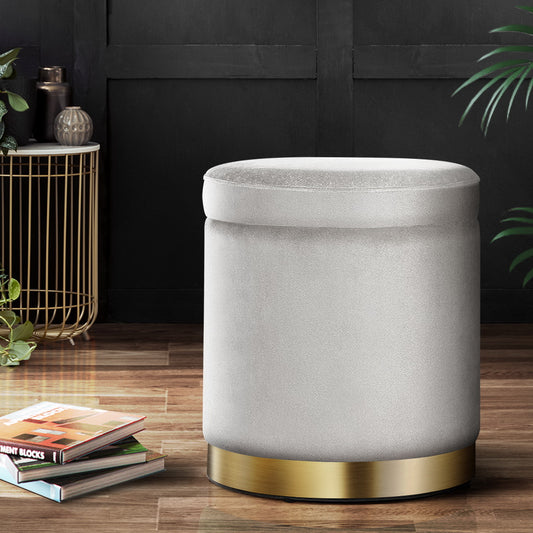 Ottoman Storage Foot Stool Round Velvet Grey