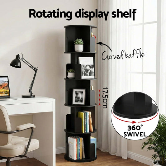Best 5 Tiers Bookshelf Swivel Bookcase Display Shelves Stand Round Black | Buy Online at Furniture Things Australia