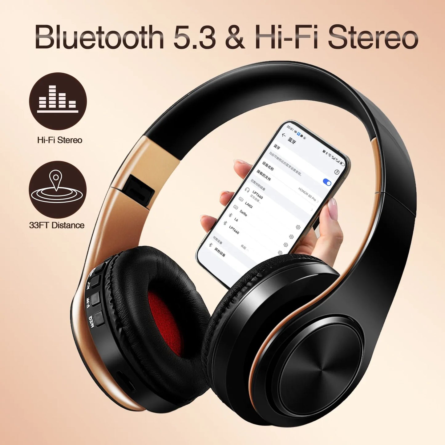 Wireless Headphones Bluetooth with Gold Stereo Foldable Mic
