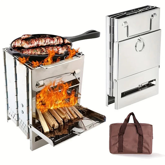 Camping Wood Stove with Folding Stainless Grill