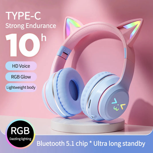 Headphones Bluetooth with Wireless Cat Ear RGB Stereo Microphone