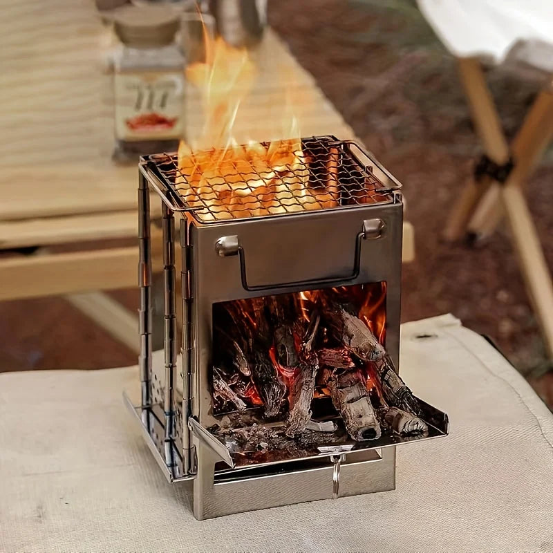 Camping Wood Stove with Folding Stainless Grill