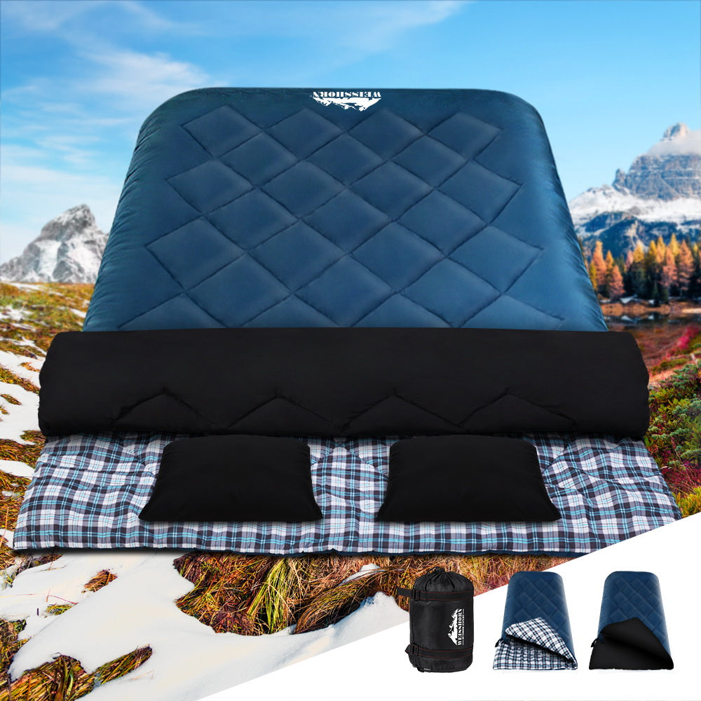 Thermal Sleeping Bag w/ Double Pillow for Camping - Blue