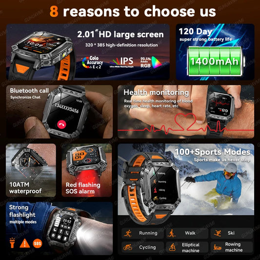 Military Smart Watch with 1400mAh Bluetooth Call (Silver Mesh Belt 2A)