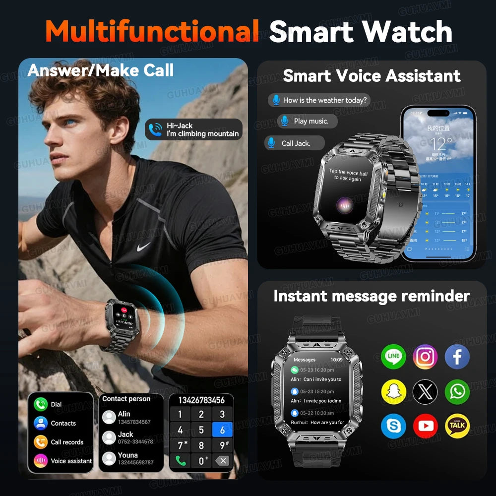 Military Smart Watch with 1400mAh Bluetooth Call (Black Mesh Belt 2A)