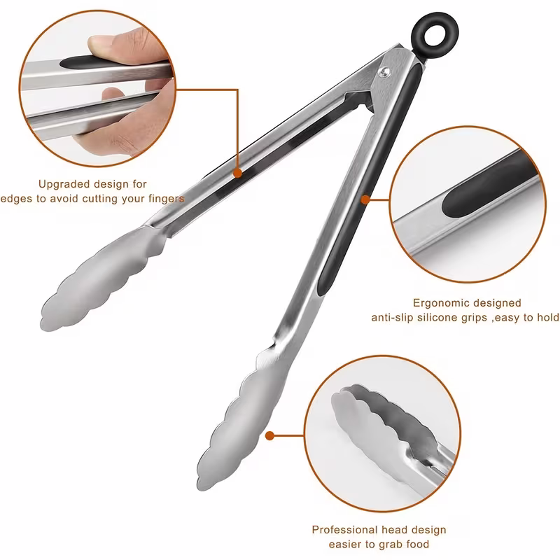 Stainless steel kitchen tongs set (2 pieces), silicone anti-slip handle, lockable barbecue food tongs, 22.86cm & 30.48cm, barbecue cooking tools