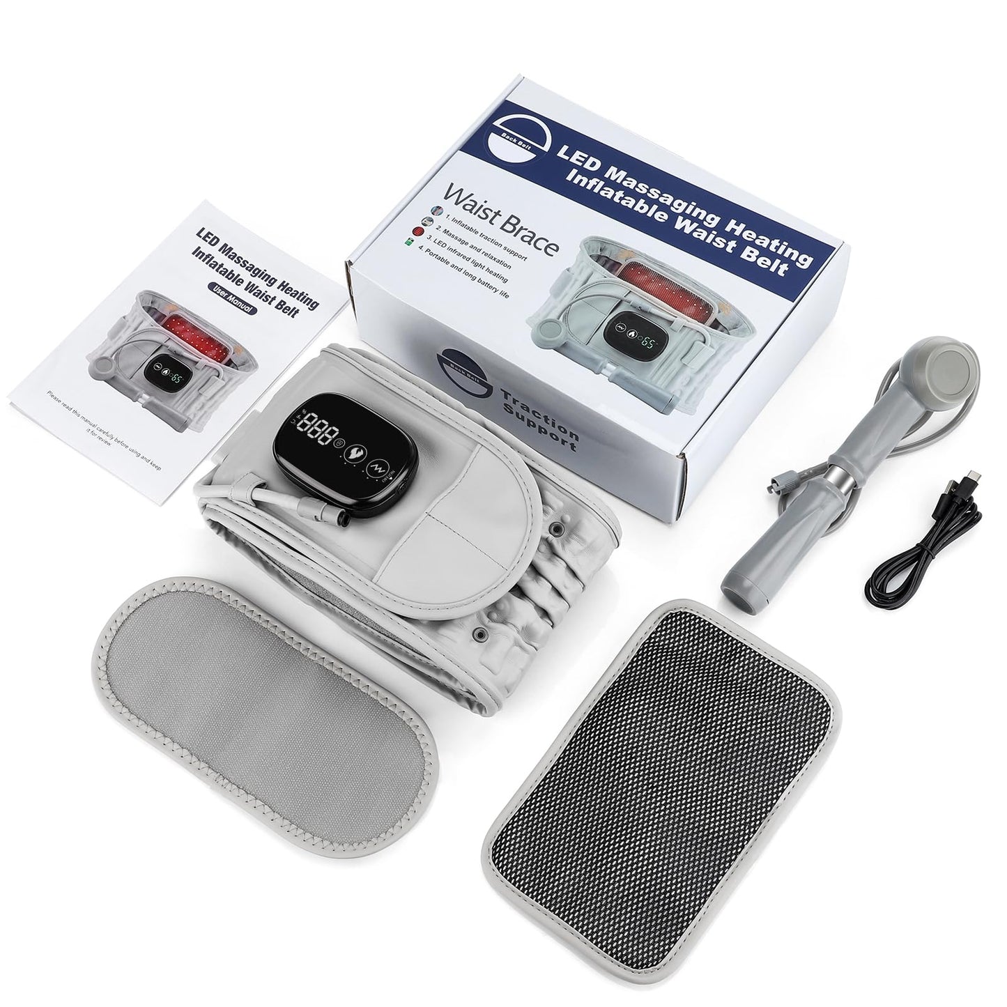 Inflatable Heating Massage Waist Belt with 3-Level Heat & Vibration (Gray)
