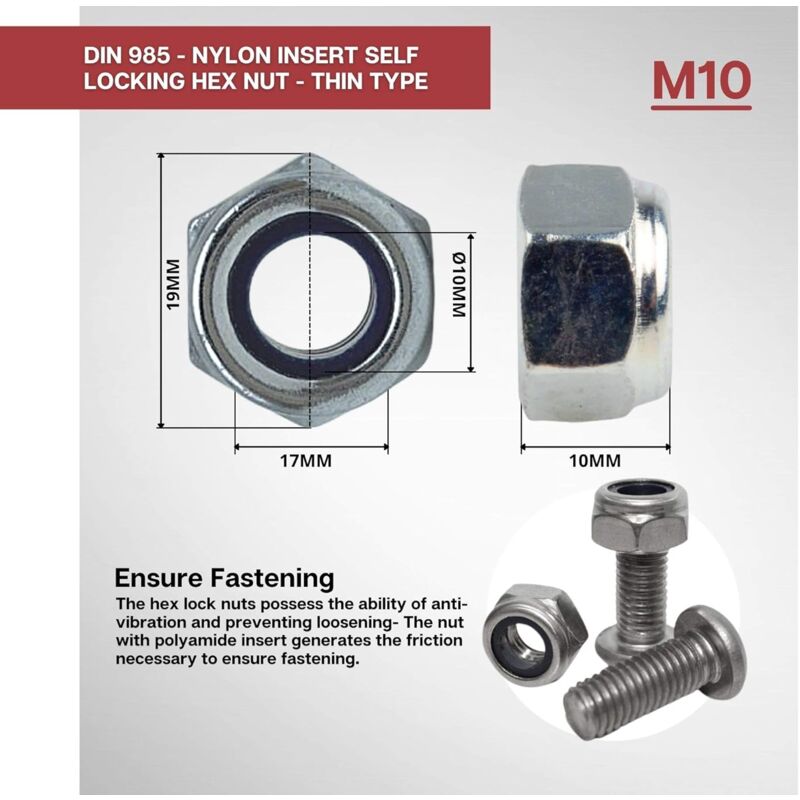 Zinc Steel Lock Nut M10 Pack 25 Hexagonal Locking Lock Nuts Ideal For Carpentry, Construction, Plumbing, Among Other