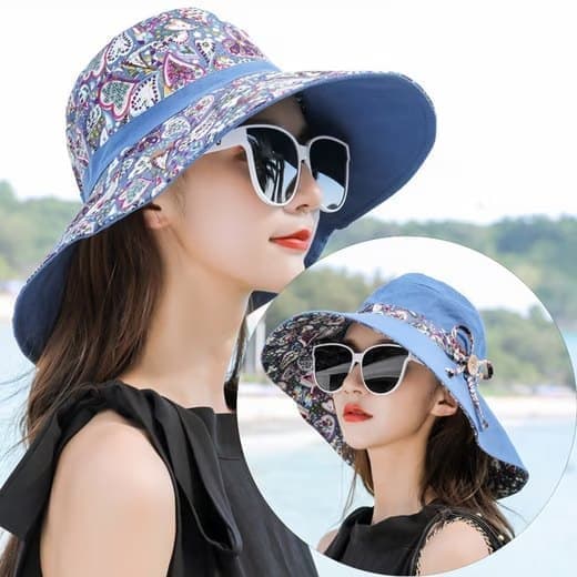 Women's Sun Hat UV Protection with Foldable Visor, Double Sided Blue