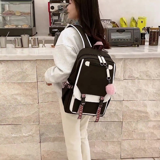 Girls School Student School Bag Outdoor Backpack With USB Charging Port, Black White