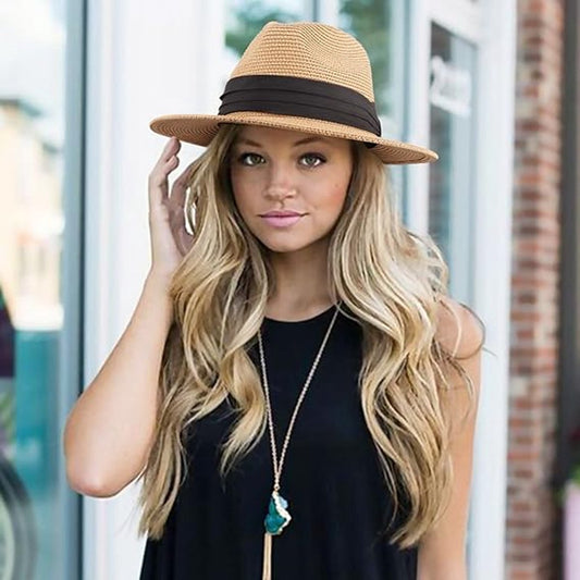 Women Men Straw Hat Panama Hat with Anti-UV for Beach - Khaki