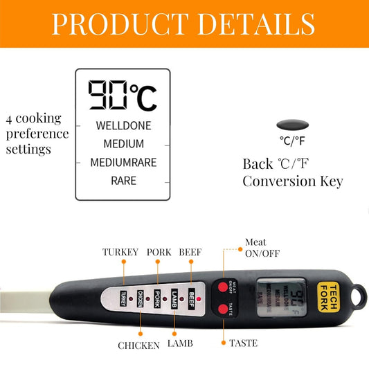 Digital Meat Thermometer Fork, Fast Read Grill Thermometer with LED Display and Stainless Steel Probes for Steak Chicken Pork Turkey Hot Grilled Food