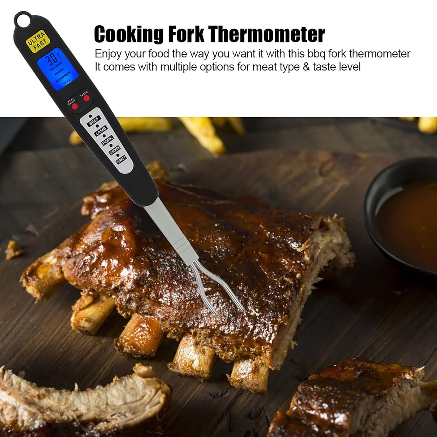 Digital Meat Thermometer Fork, Fast Read Grill Thermometer with LED Display and Stainless Steel Probes for Steak Chicken Pork Turkey Hot Grilled Food