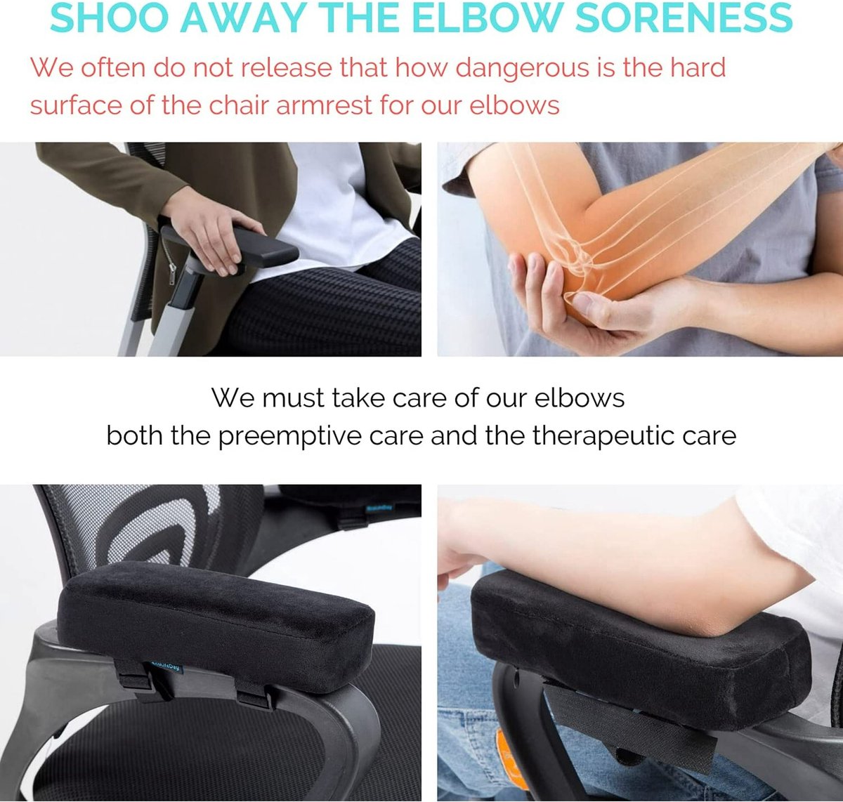 Armrests for chairs - Elbow pads - Armrests for office chairs - Gaming chair - with memory foam armrests - 5 cm thick - Set of 2 (black)