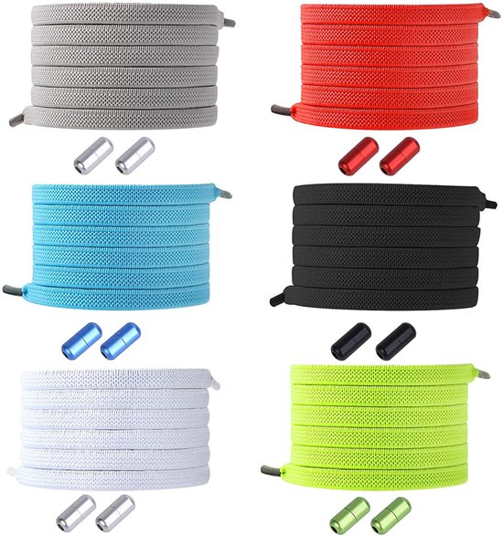 Elastic laces without a bow (black, white, gray, blue, red, green) - 6 pairs