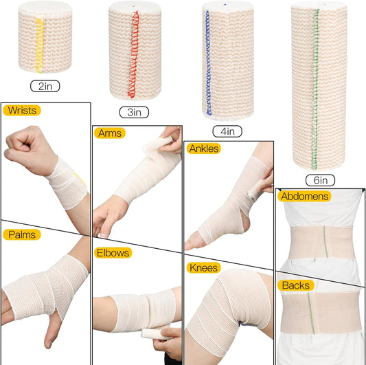 2 Pack 4" Premium Elastic Bandage Wrap, Reusable Hook and Loop Compression Wrap Bandage for Knees, Ankles, Wrists, Legs, Body