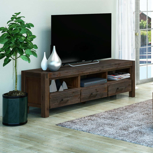 Best TV Cabinet with 3 Storage Drawers with Shelf Solid Acacia Wooden Frame Entertainment Unit in Chocolate Colour | Buy