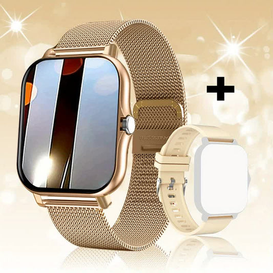 Steel Bracelet With Silicone Strap Gold Smart Fitness Watch with Large Display