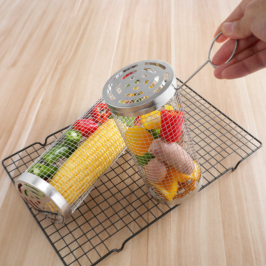 Silver 2-Piece Rolling Stainless Steel BBQ Grill Basket Set (Small & Large) - 304 Food-Grade Grilling Cages with Hooks