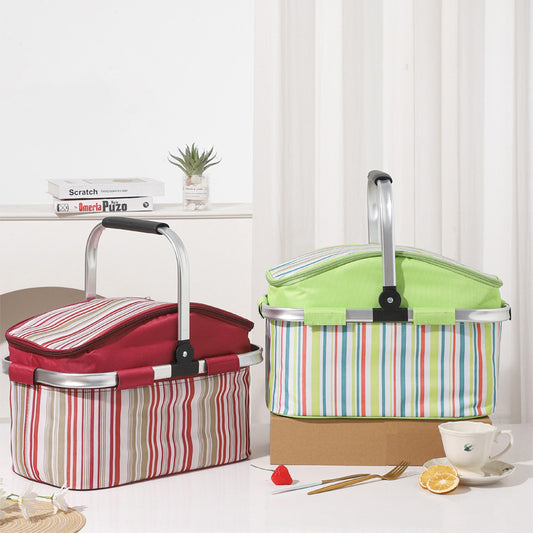 Green and Colored Stripes Large 27L Foldable Insulated Picnic Basket Cooler Bag - Lightweight Thermal Hamper with Aluminum Handles for Outdoor, Shopping & Camping
