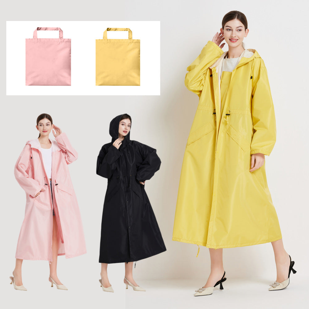 Size XL Black Women's Chic Lightweight Waterproof Raincoat - Long Hooded Packable Rain Jacket with Pouch