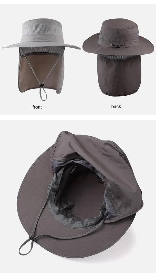 Wide Brim Sun Hat with Neck Flap UPF 50+ Protection Quick Dry Safari Cap Mesh Breathable for Fishing Gardening Hiking Outdoor French Grey