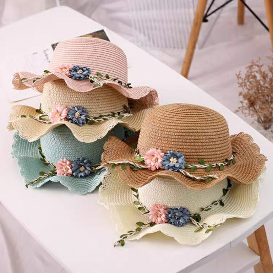Pink Girls Summer Princess Straw Straw Hat and Matching Purse Set - Breathable Floral Wide Brim Sun Protection Sun Hat
