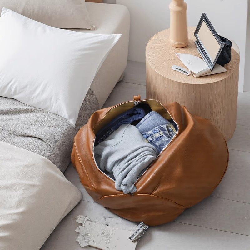 Orange Faux Leather Pumpkin Pouf - 50x30cm