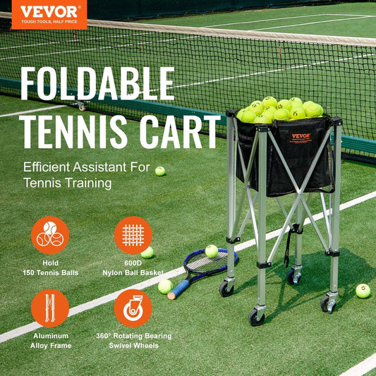 Best VEVOR Foldable Tennis Ball Hopper Holds 150 Tennis Balls Lightweight Aluminum Alloy Tennis Ball Basket Cart with Wh