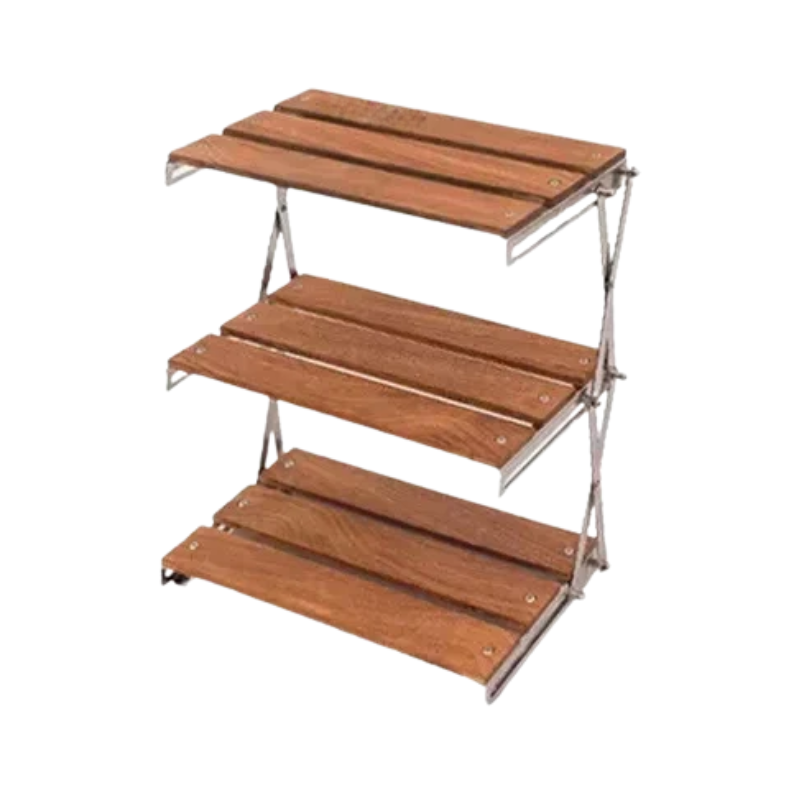 Three-Tier Camping Rack Oak with Stainless Folding