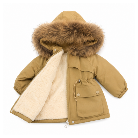 Girls Winter Hooded Plush Cotton Jacket (Khaki-6T)