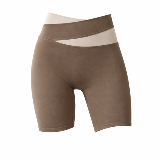 S Brown Color-Block High-Waist Yoga Shorts
