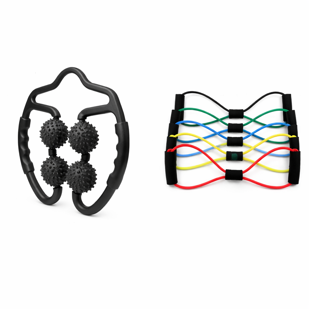 Black Set of 2 Foam Roller Ring Leg Massagers with 2 Resistance Bands