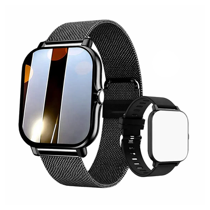 Steel Bracelet With Silicone Strap Black Smart Fitness Watch with Large Display