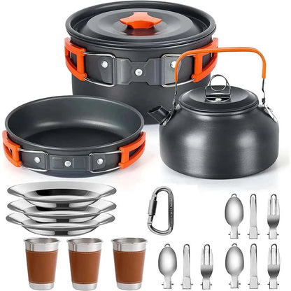 Camping cookware set with pots, pans, kettle, cups, and utensils on a white background