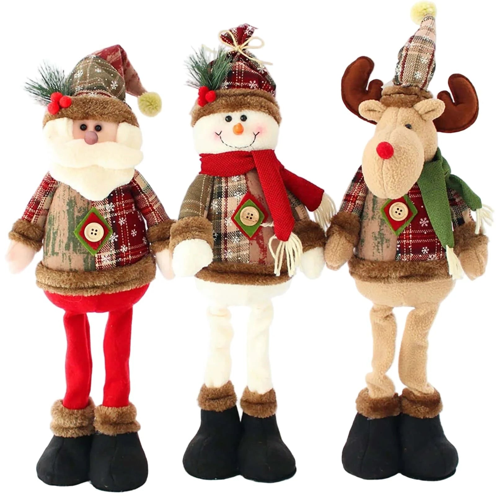Three Christmas-themed figurines: a snowman, a reindeer, and a Santa Claus, standing together on a white background.