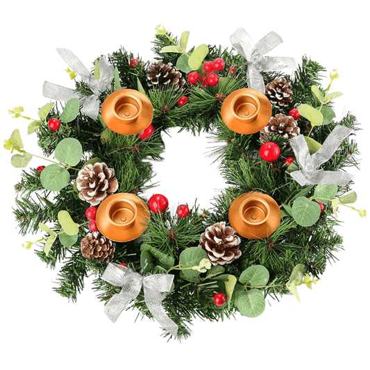 Decorative wreath with candles, pine cones, and berries on a white background