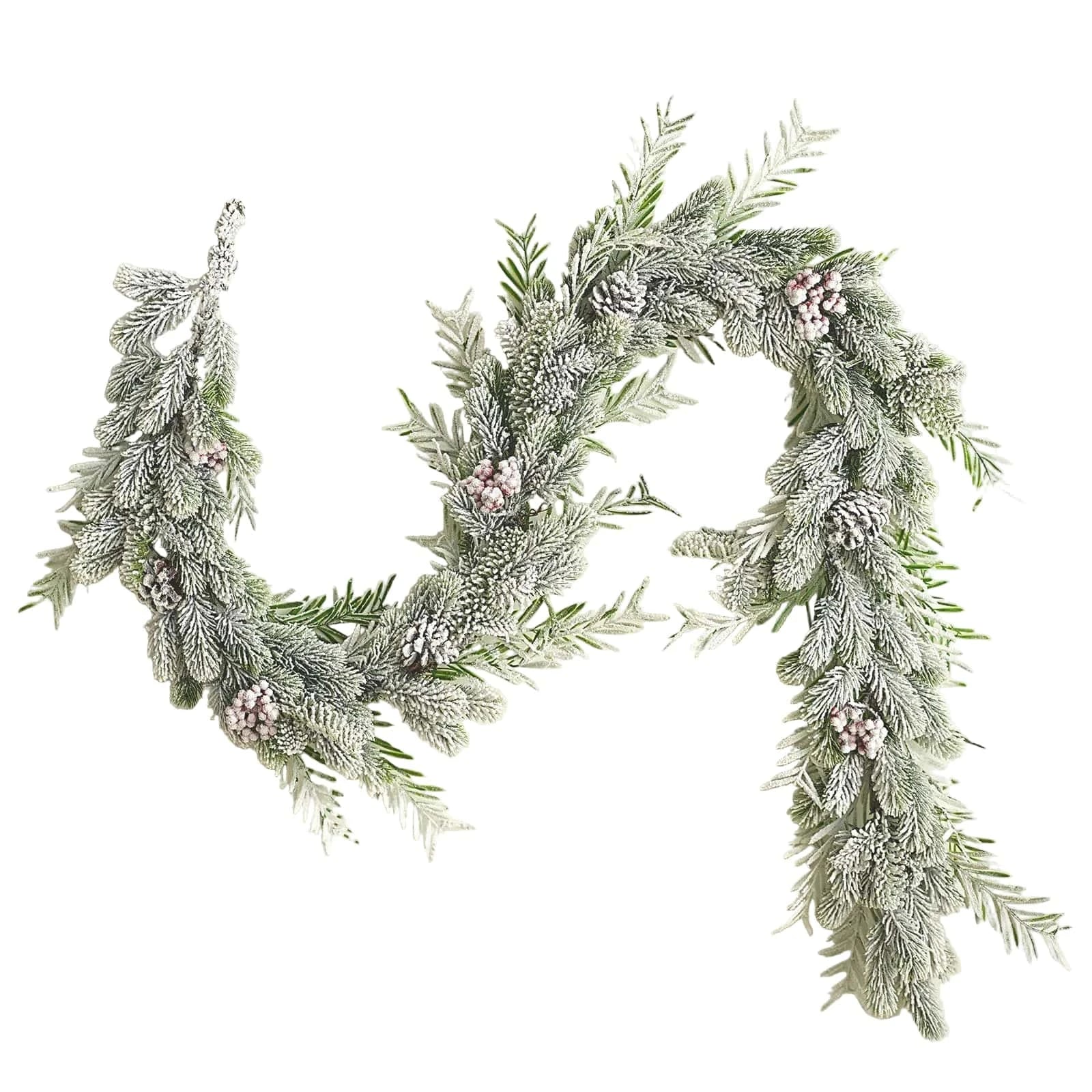 Decorative wreath with greenery and small pink flowers on a light background