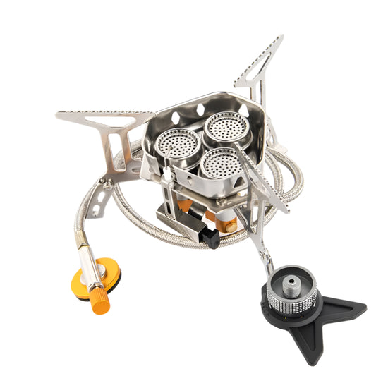 Portable camping stove with multiple burners on a white background