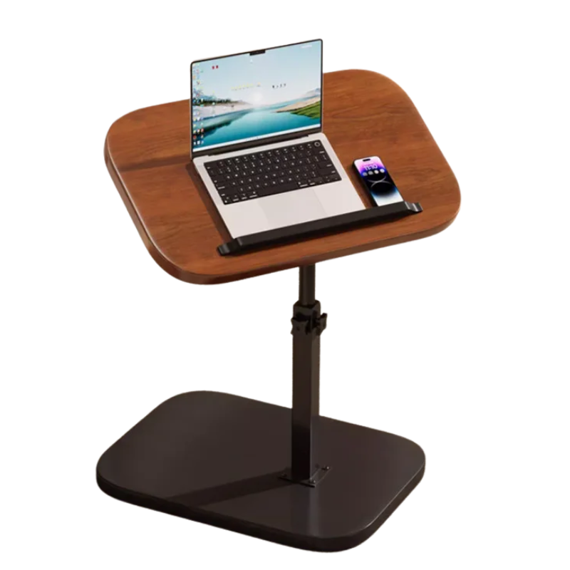 Wooden adjustable desk with laptop and phone on a white background
