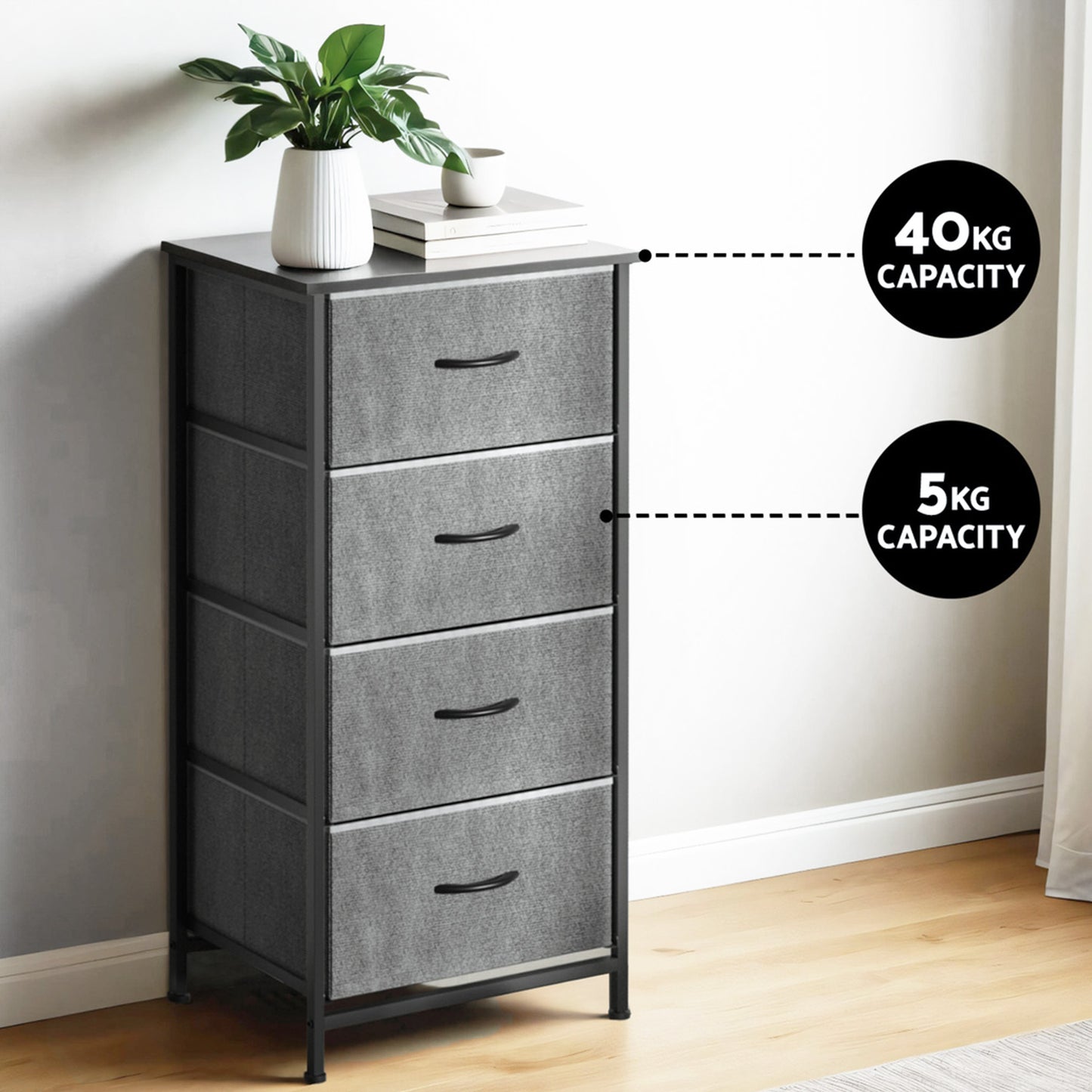 Set of 2 Chest of 4 Drawers Storage Dresser Tallboy Grey