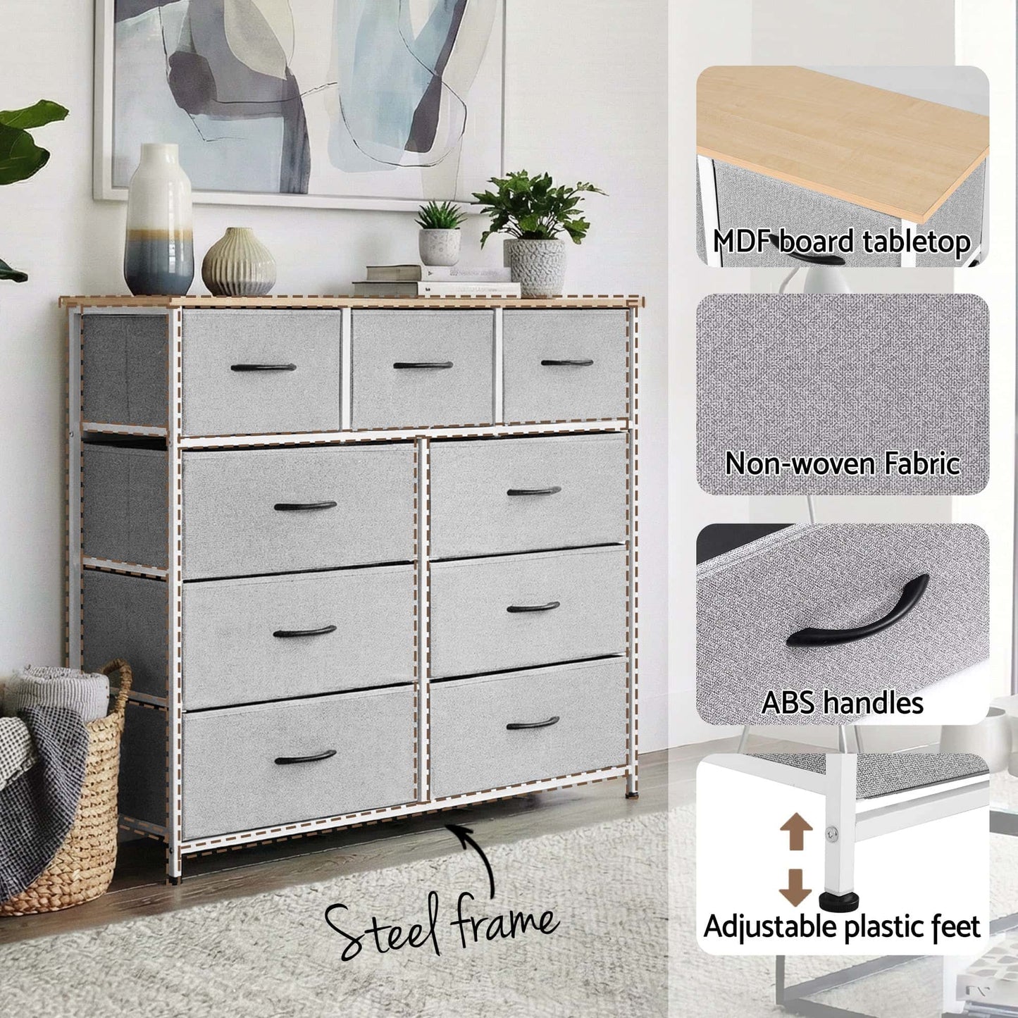 Best Chest of 9 Drawers Storage Dresser Tallboy Light Grey | Buy Online at Furniture Things Australia