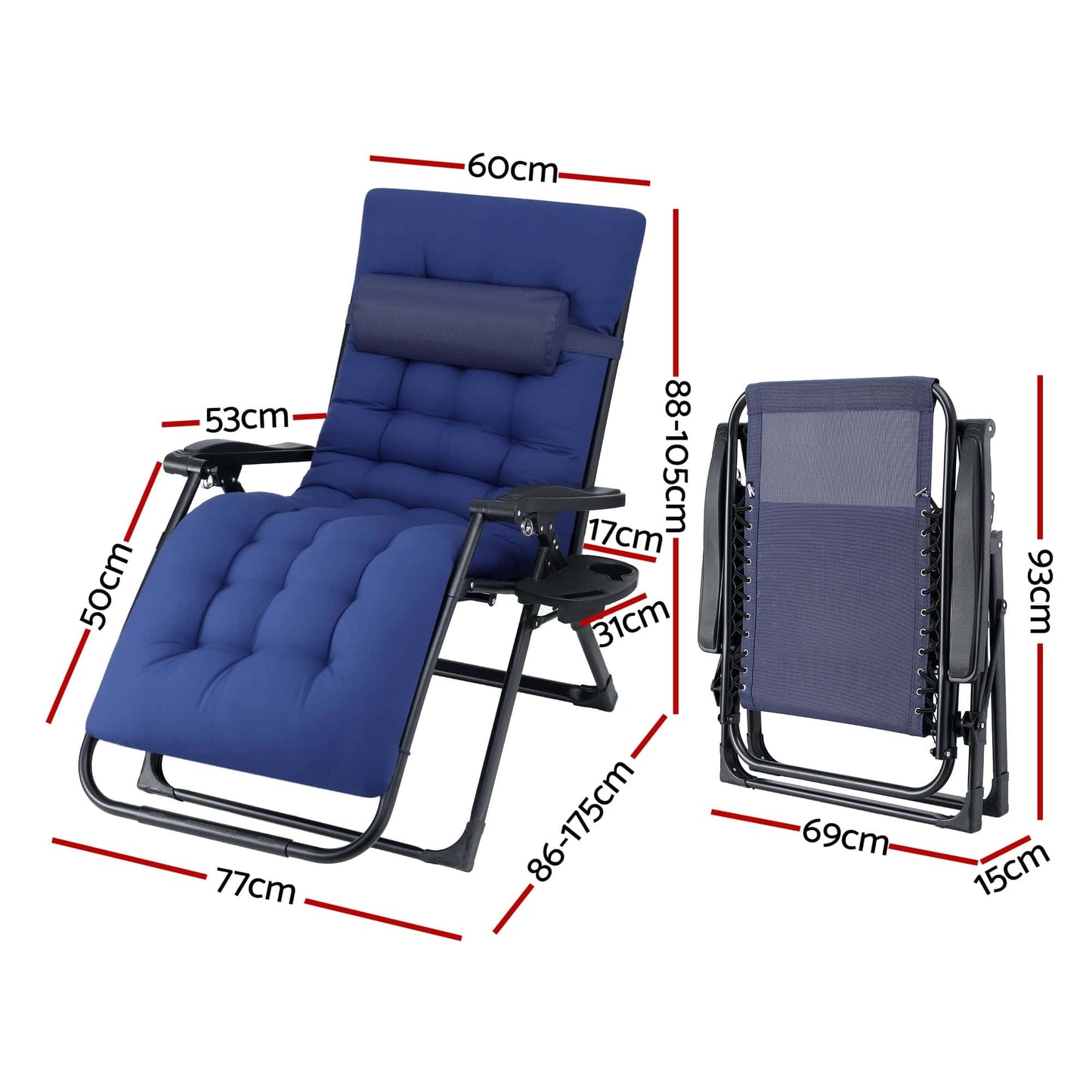 Best Sun Lounge Lounger Folding Camping Zero Gravity Chair Outdoor Furniture XL Blue | Buy Online at Furniture Things Au