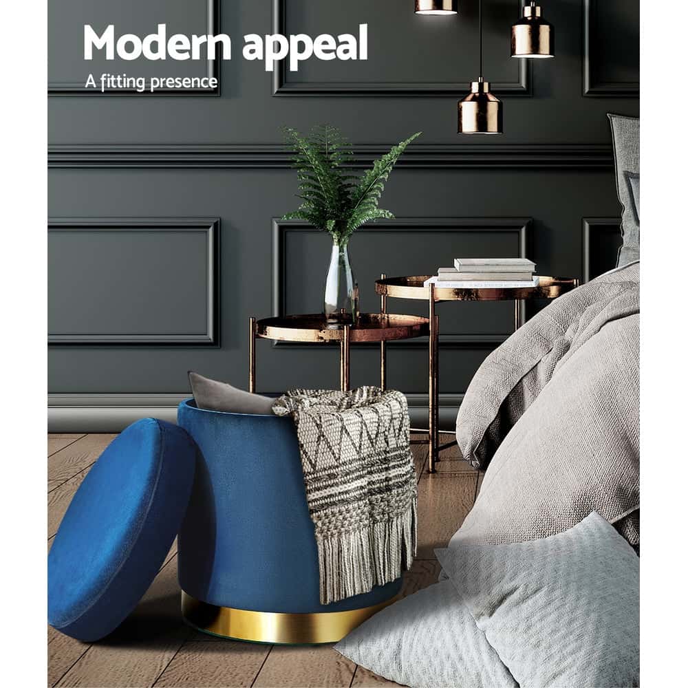Best Ottoman Storage Foot Stool Round Velvet Navy | Buy Online at Furniture Things Australia