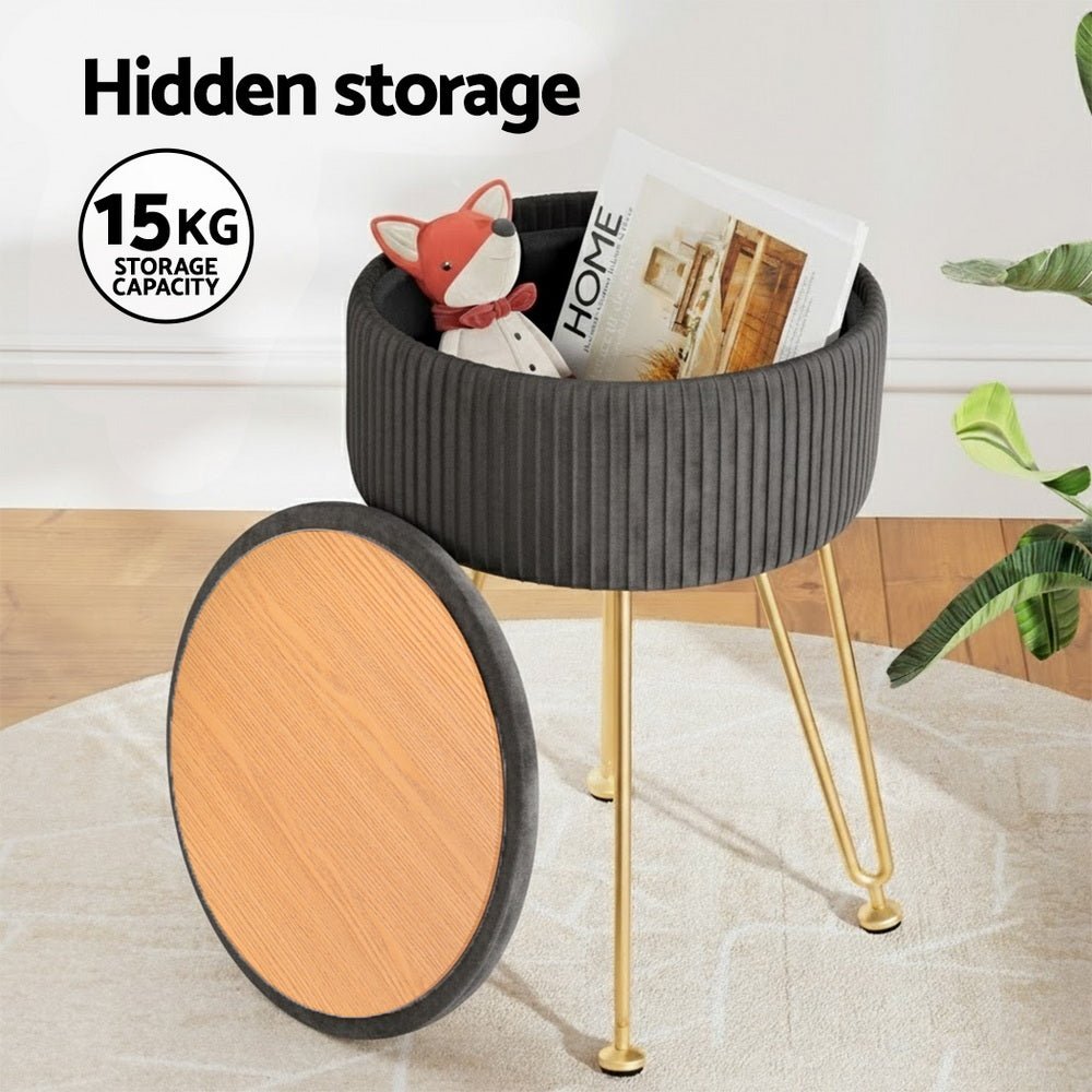 Ottoman Storage Foot Stool Vanity Velvet Round Grey