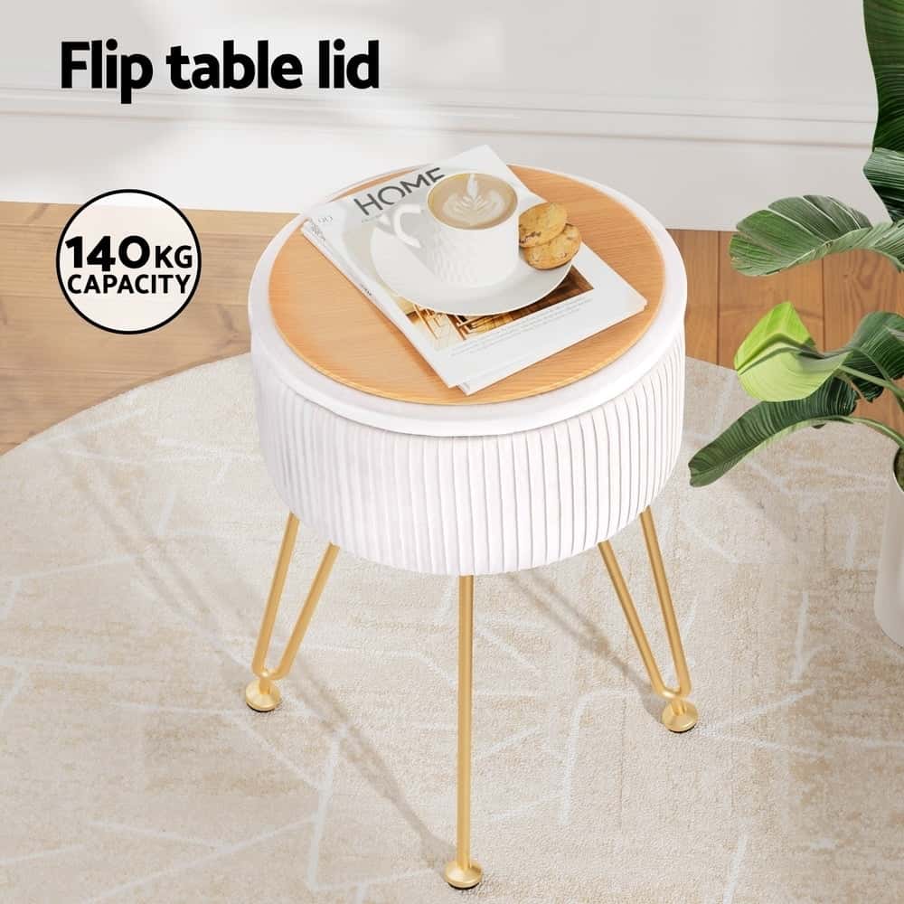 Best Ottoman Storage Foot Stool Vanity Velvet Round White | Buy Online at Furniture Things Australia