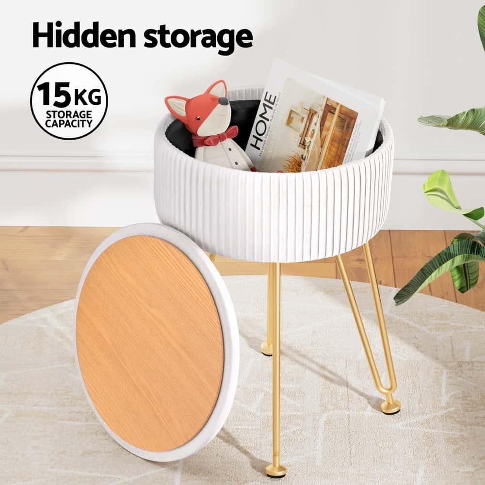 Best Ottoman Storage Foot Stool Vanity Velvet Round White | Buy Online at Furniture Things Australia