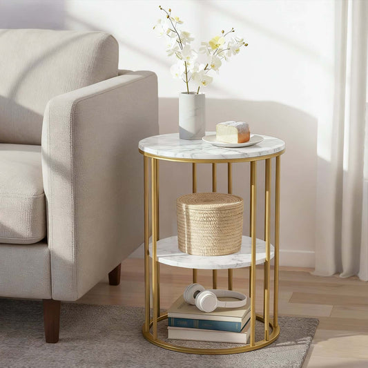 Best Coffee Table 2-Tier Round Marble Effect WhiteGold | Buy Online at Furniture Things Australia
