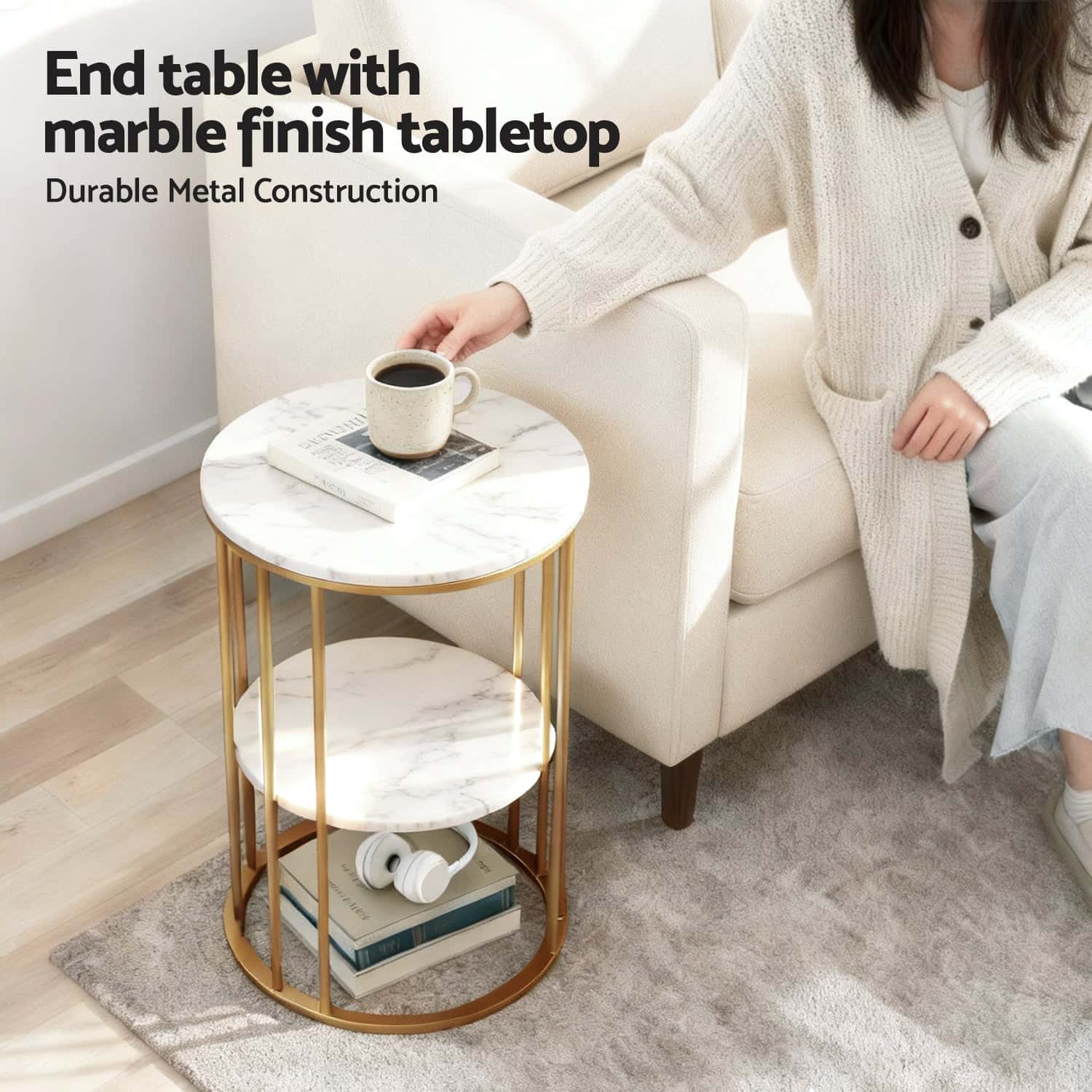 Best Coffee Table 2-Tier Round Marble Effect WhiteGold | Buy Online at Furniture Things Australia