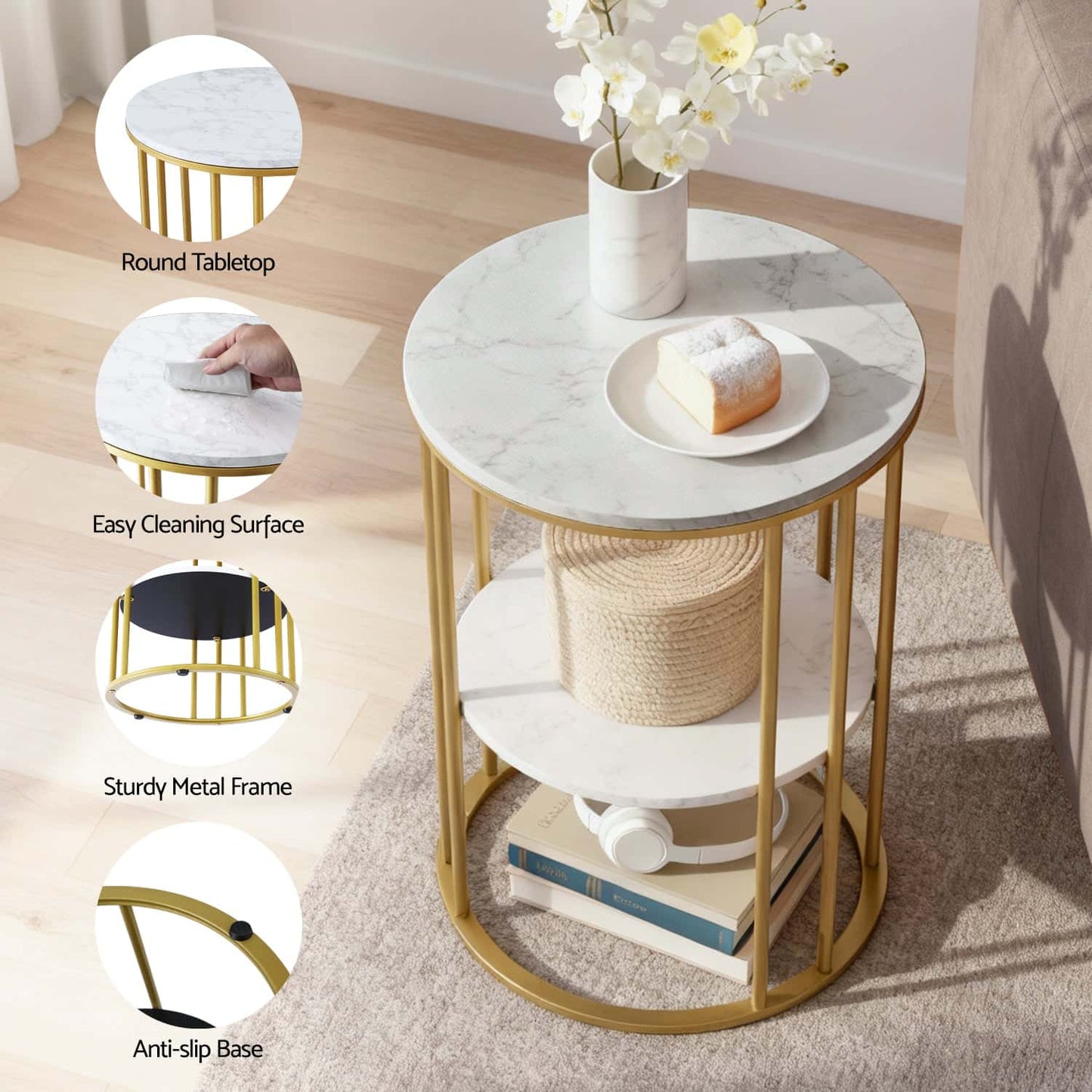 Best Coffee Table 2-Tier Round Marble Effect WhiteGold | Buy Online at Furniture Things Australia